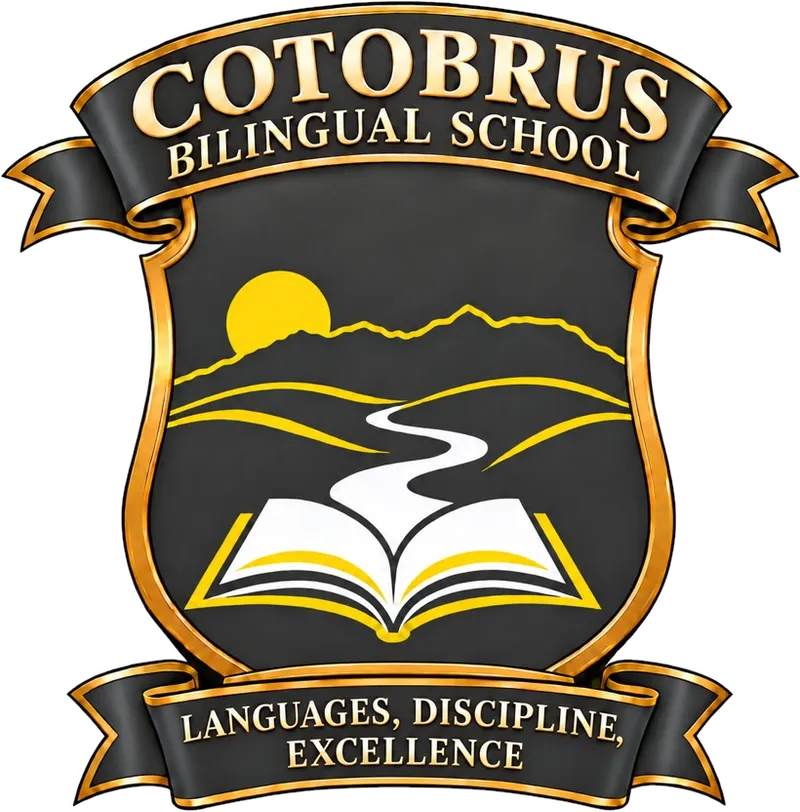 Escudo del Coto Brus Bilingual School: libro abierto, camino, montañas y sol